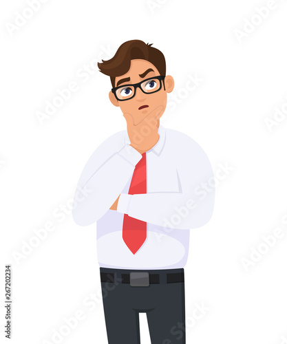 Thoughtful young business man is thinking with crossed arm, holding hand on chin and musing while looking up. Human emotion, facial expression, feeling concept illustration in vector cartoon style.