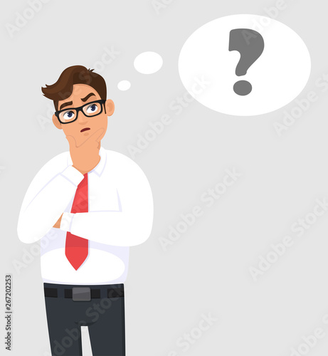 Thoughtful young business man is thinking and looking up. Question mark in the thought bubble. Human emotion, facial expression, feeling concept illustration in vector cartoon style. Modern lifestyle.