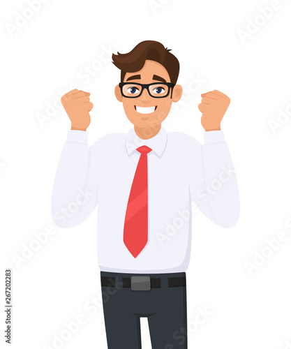 Happy and excited young business man celebrating victory expressing success, power, energy and positive emotions.  Person is clenching his fists. Successful man raised hand fists. Cartoon style.
