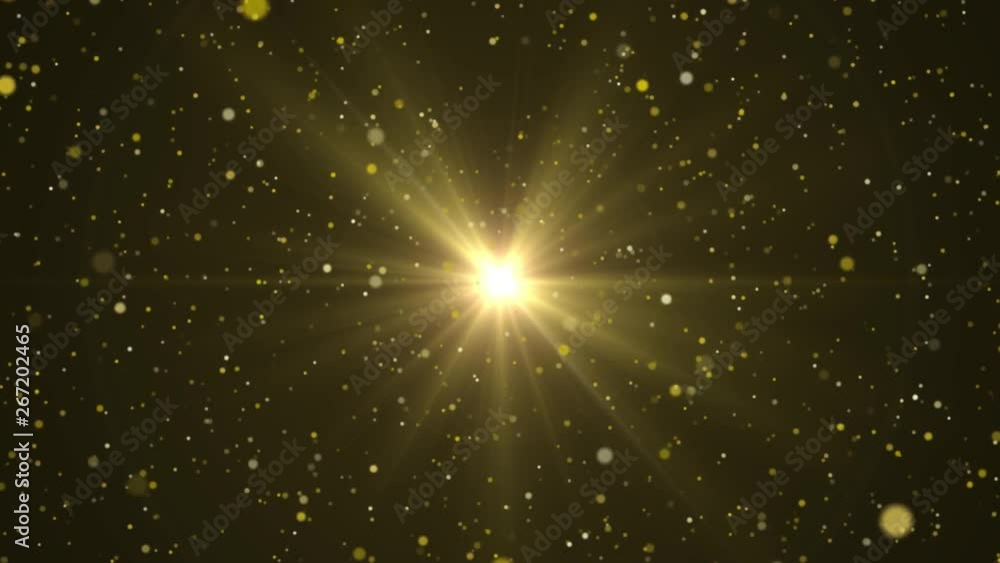 Abstract golden background with light in center and particles. Starburst with sparks, seamless loop texture.