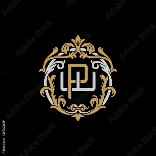 Initial letter W and P, WP, PW, decorative ornament emblem badge, overlapping monogram logo, elegant luxury silver gold color on black background