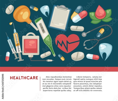 Healthcare banner pills and medical tools medicine and treatment