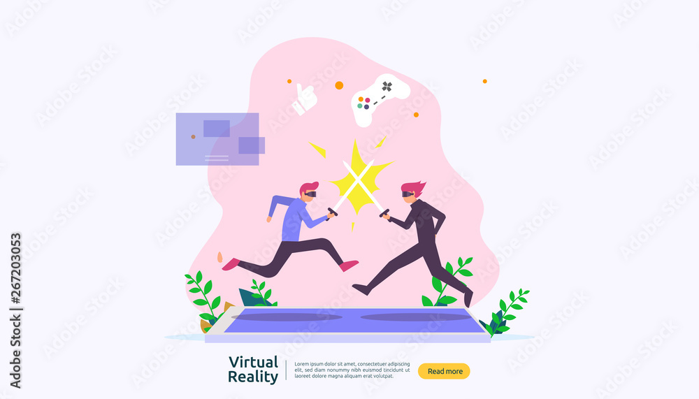 Virtual augmented reality. people character touching VR interface and wearing goggle playing games, education, entertaining, learning. template banner, presentation, promotion poster or print media. Virtual augmented reality. people character touching VR interface and wearing goggle playing games, education, entertaining, learning. template banner, presentation, promotion poster or print media.