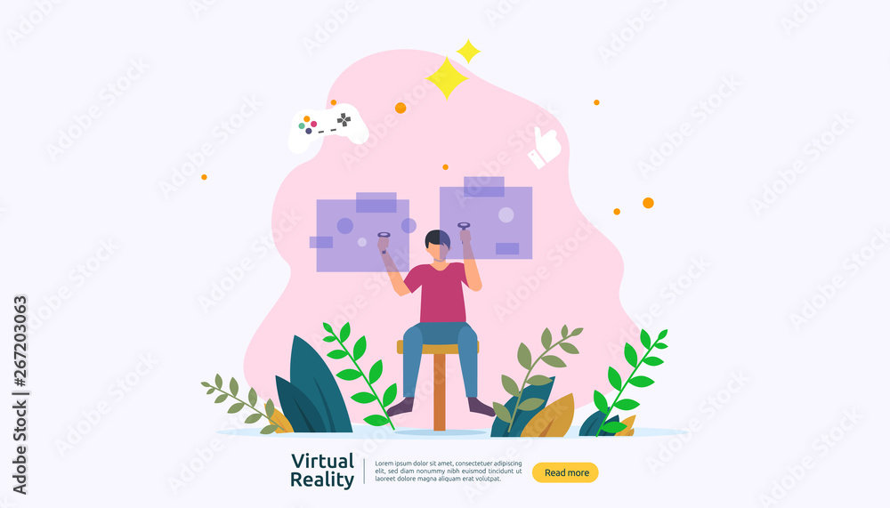 Virtual augmented reality. people character touching VR interface and wearing goggle playing games, education, entertaining, learning. template banner, presentation, promotion poster or print media.