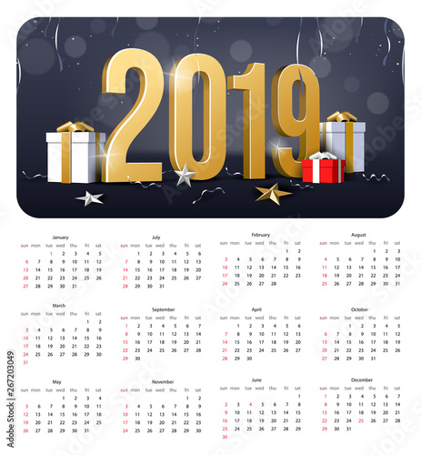 2019 Happy New Year alendar, Background, Card, Banner, Flyer Or Christmas Themed Invitations. Black Illustration With Golden Digits, Snowflake And Gift Box. Vector EPS 10. photo