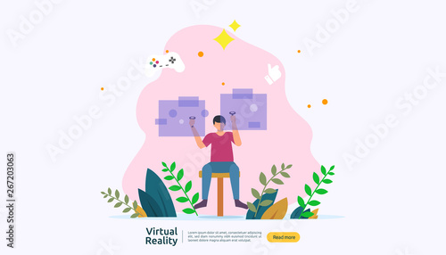 Virtual augmented reality. people character touching VR interface and wearing goggle playing games, education, entertaining, learning. template banner, presentation, promotion poster or print media.