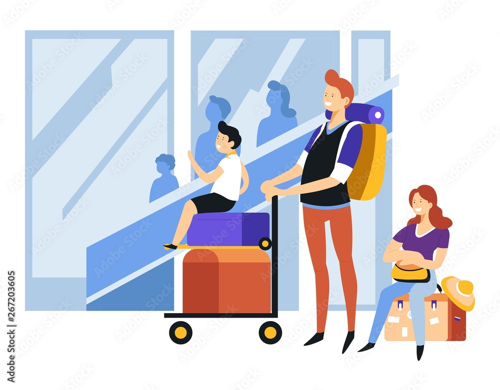 Fototapeta premium Rodzina na lotnisku turystyka i podróż z bagażem lub lotem bagażowym