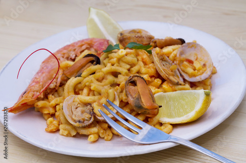 Fideua of seafood, clams, prawns and mussels