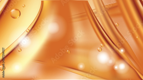 Orange golden flowing liquid vector abstract background, oil texture with flying drops. Streams of oil, honey or fluid with light element. Template for cosmetic or sale banner or flyer.