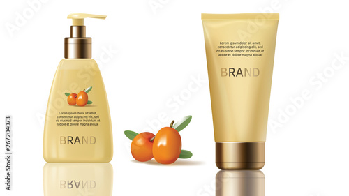 Sea buckthorn cosmetics vector realistic objects set. Elegant packaging with cosmetic cream or lotion, juicy orange seaberry, olive green leaves isolated on white background, magazine mockup