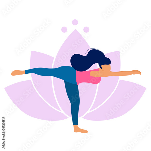 Woman practicing yoga warrior virabhadrasana 3 pose. Yoga exercise on lotus background. Vector flat style illustration.