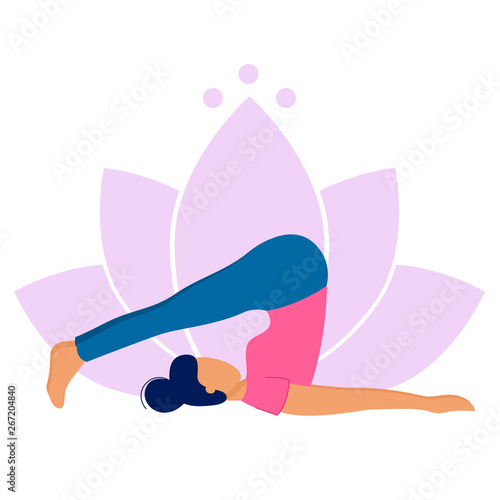 Woman practicing yoga. She doing halasana pose. Yoga exercise on lotus background. Vector flat style illustration. photo