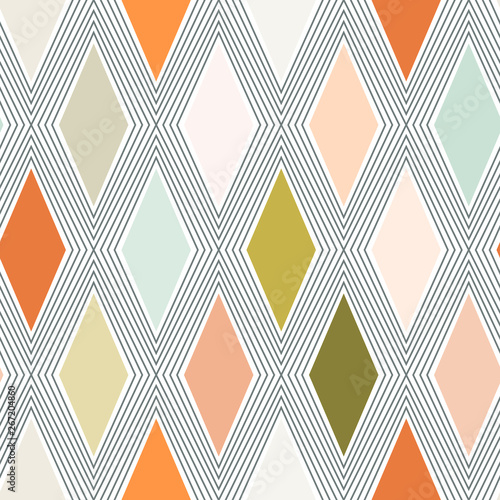  Diamond rhombus tiles seamless pattern, pastel colors vector geometric background. Abstract lines and elements.