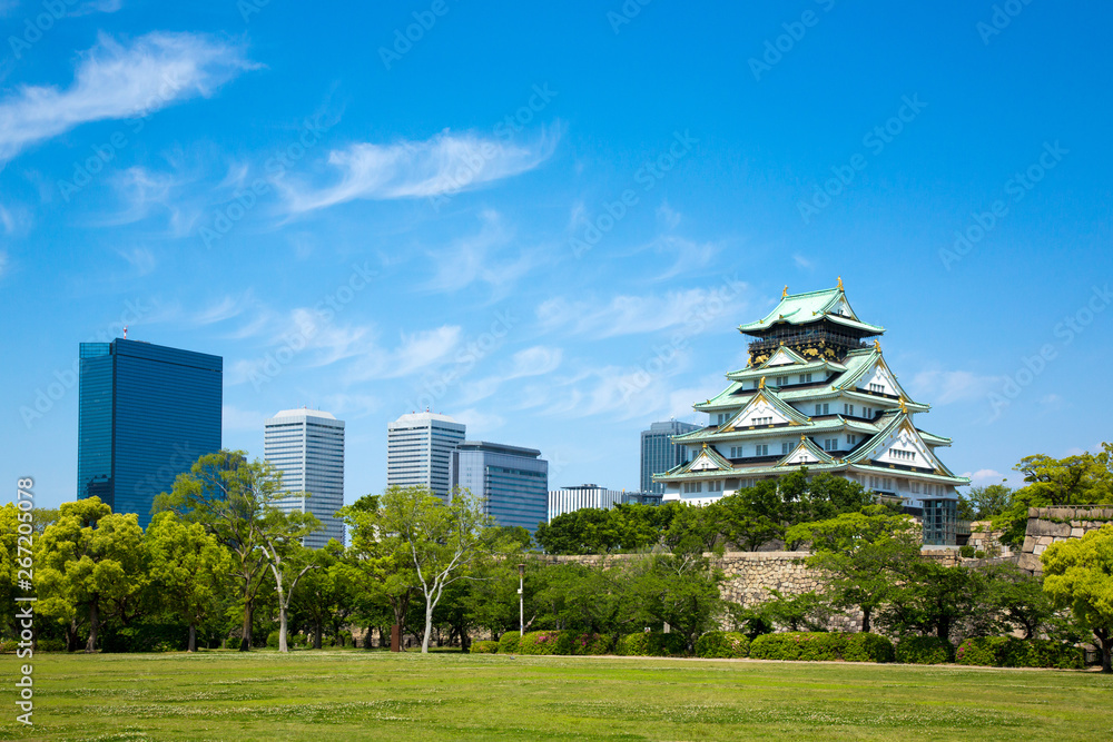 Naklejka premium Maj 2019: Świeży zielony zamek i budynki w Osace