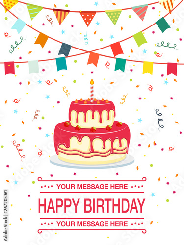Happy birthday - cake and ribbon party flat style. Vector illustration icon isolated on white background.