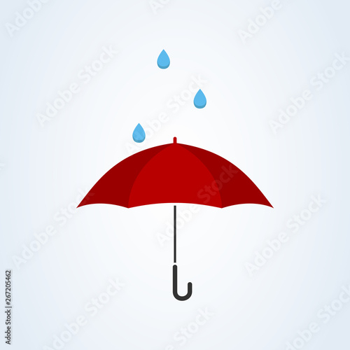 Red umbrella with rain flat style. Vector illustration icon isolated on white background.