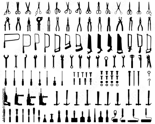 Set of black silhouettes of tools on a white background