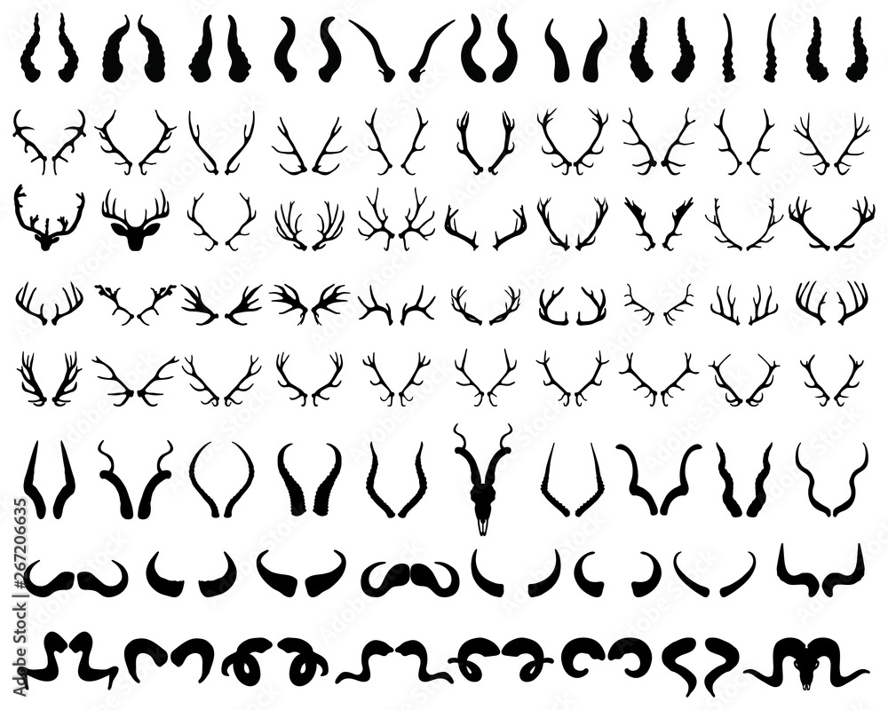 Set of black silhouettes of different horns on a white background Stock ...