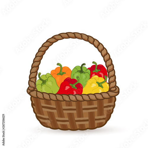 Harvest juicy peppers in a wicker basket. Isolated on white background Vector illustration