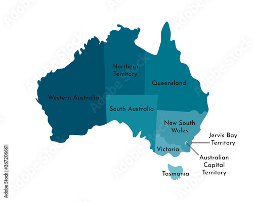Vector isolated illustration of simplified administrative map of Australia. Borders and names of the regions including only nearest territories. Colorful blue khaki silhouettes