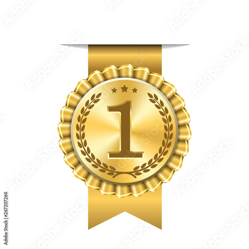 Award ribbon gold icon number first. Design winner golden medal 1 prize. Symbol best trophy, 1st success champion, one sport competition honor, achievement leadership, victory. Vector illustration