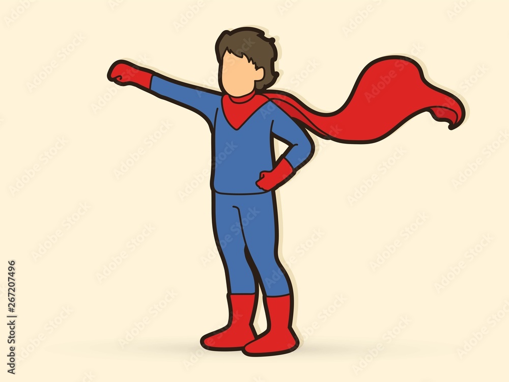 Little Super Hero Boy standing with costume cartoon graphic vector.