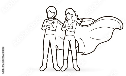 Super Hero Man and Woman standing together with costume cartoon graphic vector.
