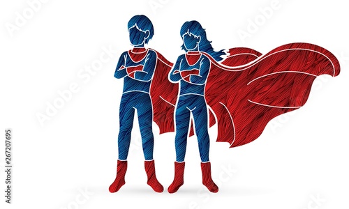 Super Hero Man and Woman standing together with costume cartoon graphic vector.