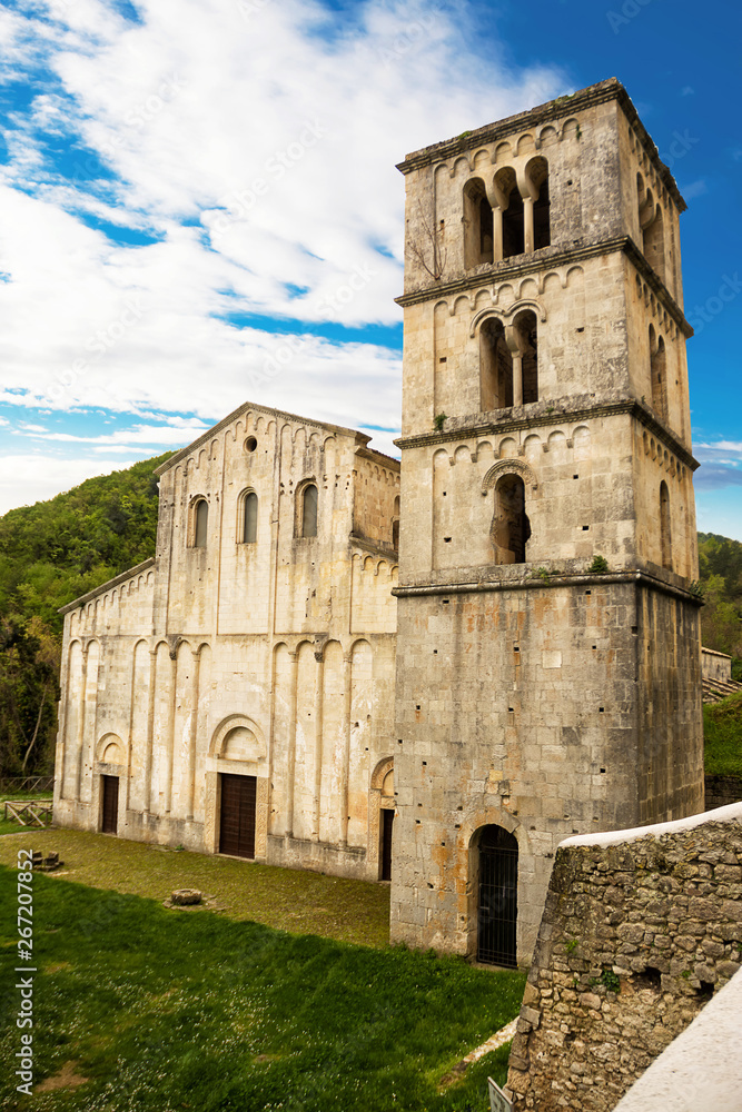 Facade and bell tower of the ancient Abbey of San Liberatore a Majella in Abruzzo (Italy)
