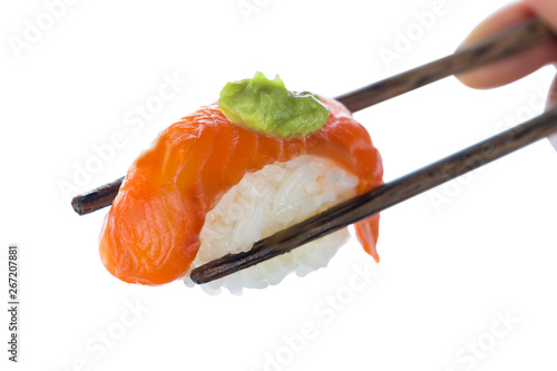 Japanese sushi with salmon and wasabi on sticks isolated on white background. Healthy diet.