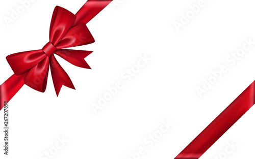 Ribbon bow gift, isolated white background. Red satin design festive frame. Decorative Christmas, Valentine day card, present holiday decoration. Birthday shiny silk ribbon bow Vector illustration
