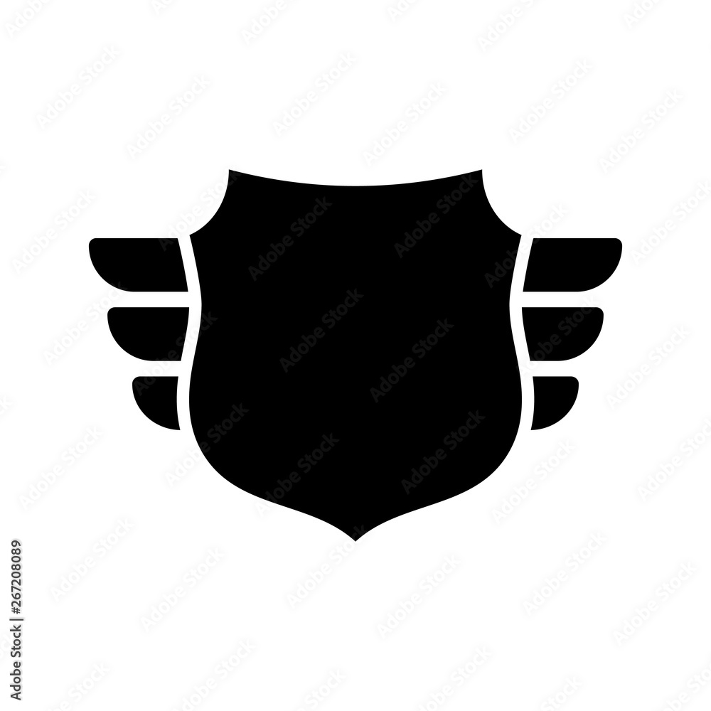 Shield black icon. Outline shield, simple wings isolated white background. Flat graphic sign. Symbol arms, security badge, heraldic insignia, guard protect. Safety element crest. Vector illustration Shield black icon. Outline shield, simple wings isolated white background. Flat graphic sign. Symbol arms, security badge, heraldic insignia, guard protect. Safety element crest. Vector illustration