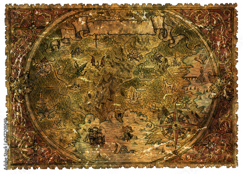 Fotografia Pirate map of fantasy lands with dragons and mermaids