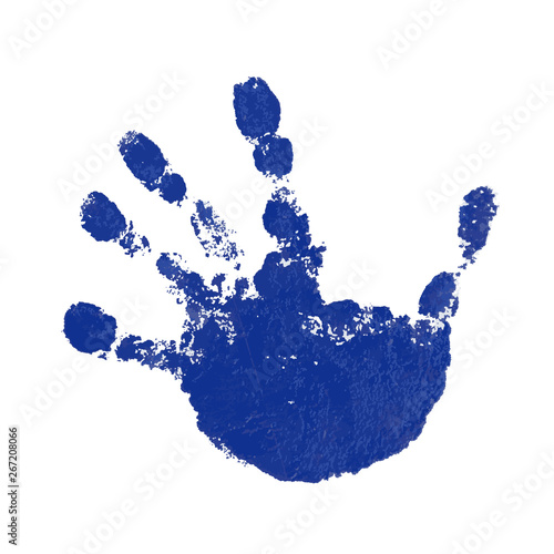 Hand paint print, isolated white background. Blue human palm and fingers. Abstract art design, symbol identity people. Silhouette child, kid, people handprint. Grunge texture. Vector illustration