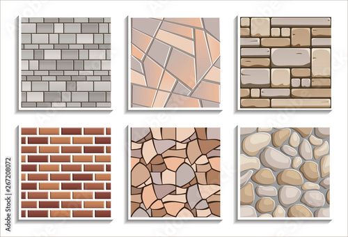 Set of seamless stone textures. Vector repeated patterns of 3D brick material