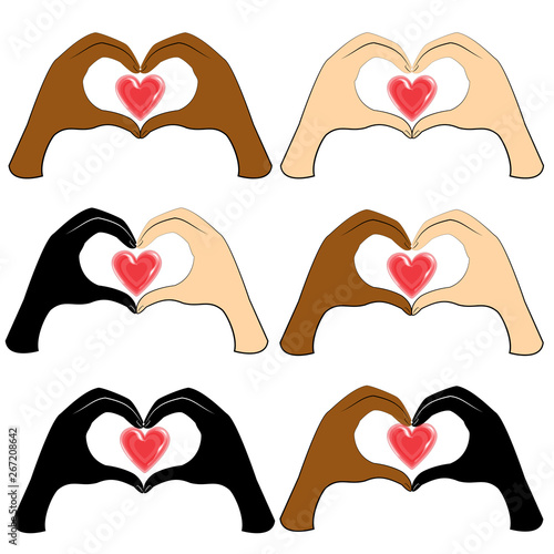 Collection. Human hands are folded in the shape of a heart and a red heart. People of different nationalities. Valentine s Day. Vector illustration set