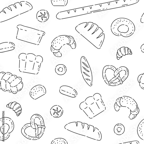 Pattern seamless bakery products bread line doodle icons. Different baked goods vector sketch black isolated illustration on white background.