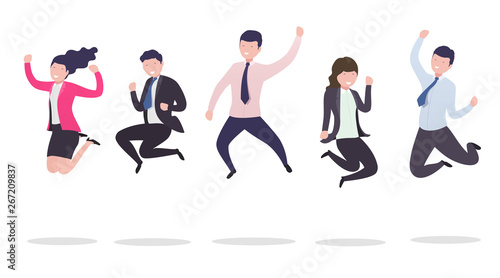 Business people in a jump. A group of successful happy businessmen jumping from happiness celebrating success, victory.