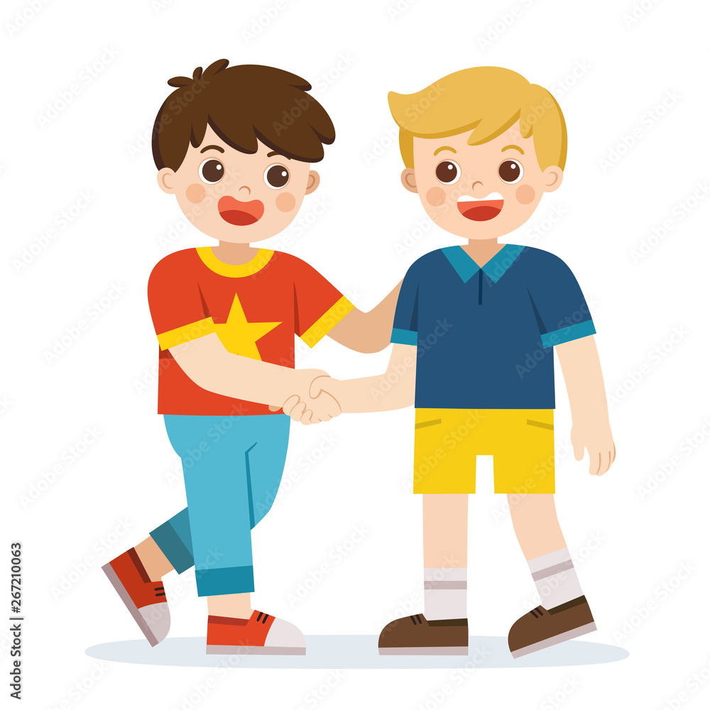 Happy boys standing and shaking hands making peace. Happy kids best friends. Happy boys catching each other's hand. School friendship.