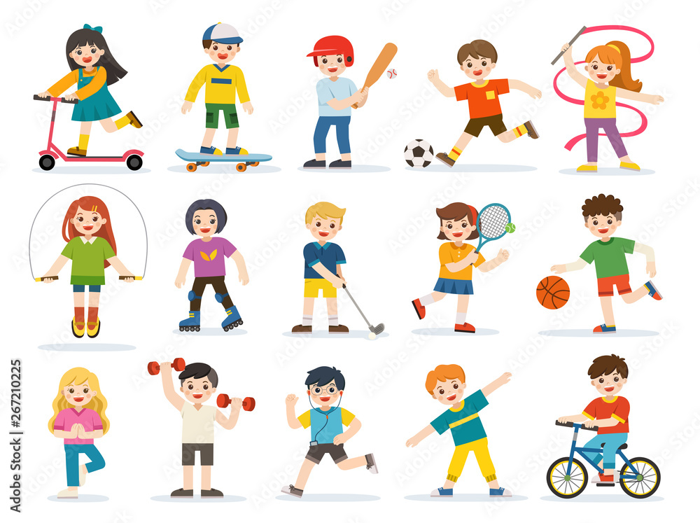 Activity set of Happy kids playing sportive and enjoying different sports exercises. Kids playing sport including basketball, athletic, tennis, bicycle, skate rolling etc.