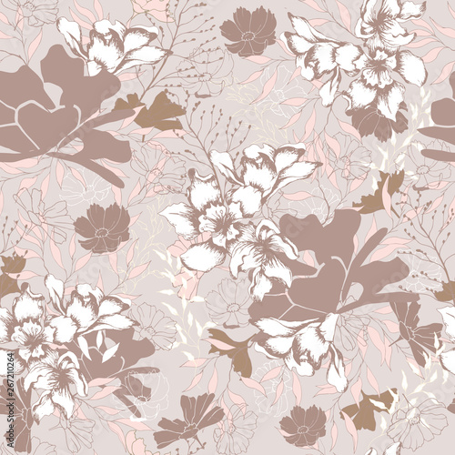 Floral vintage texture for fabric. Ornament of flowers and leaves on a brown background. Elegant natural ornament. Vintage texture for decoration of fabric, tile and paper and wallpaper on the wall.