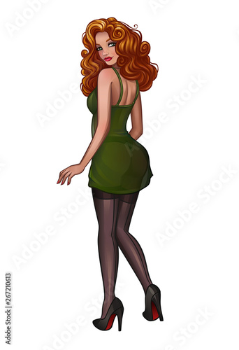 Beautiful redhead pin-up girl in green dress
