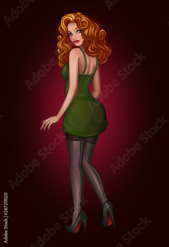 Beautiful redhead pin-up girl in green dress