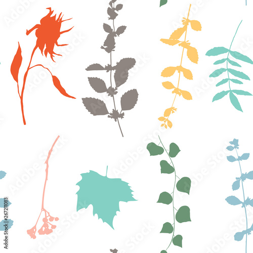 Botanical floral vector seamless pattern with hand drawn herbs, plants, flowers and leaves.