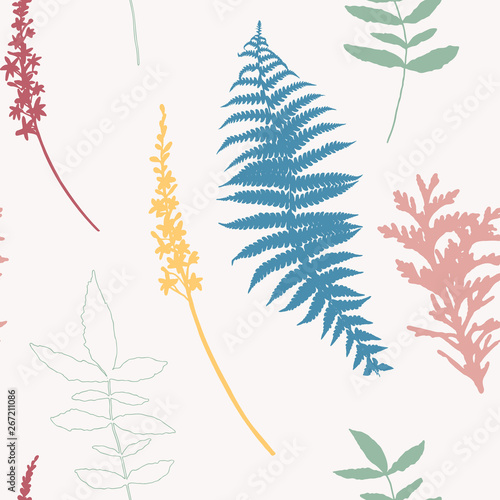 Botanical floral vector seamless pattern with hand drawn herbs, plants, flowe...