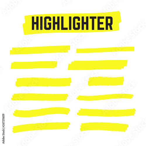 Yellow highlighter marker illustration. Brush pen underline. Yellow watercolor hand drawn highlight