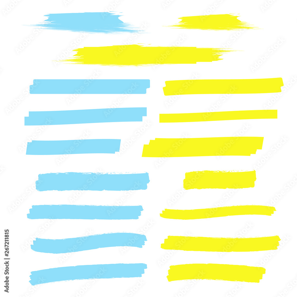 Vector yellow highlighter brush lines. Brush pen underline. Yellow watercolor hand drawn highlight