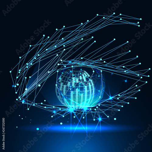 Eye of the robot. Banner. Abstract image of a starry sky or space, consisting of points, lines, n the form of stars and the universe. Low poly vector