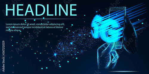 5G, Banner. Abstract image of a starry sky or space, consisting of points, lines, n the form of stars and the universe. Low poly vector