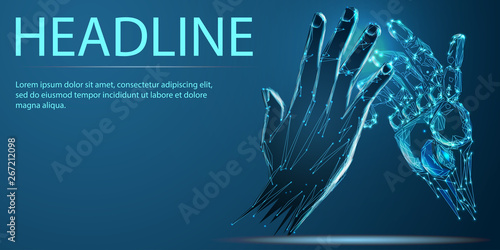 Robot arm and hand human. Banner. Abstract image of a starry sky or space, consisting of points, lines, n the form of stars and the universe. Low poly vector